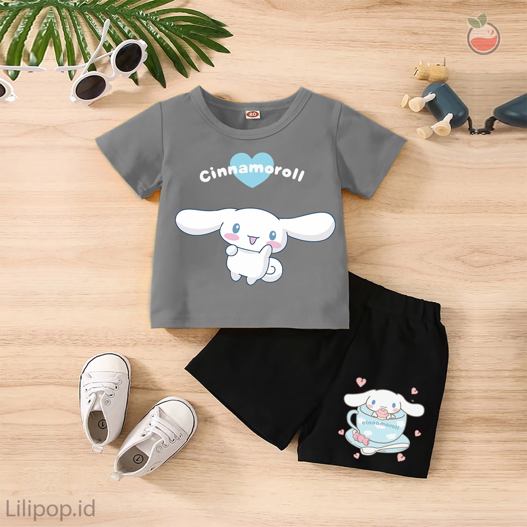 Baju Anak Stelan Kaos 3/4  CINNAMOROLL Cowok Cewek  Usia 1 - 4 Tahun Celana Pendek Harian