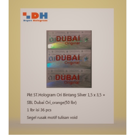 

Pkt Stiker Hologram 3D Original Bintang 1,5 x 3,5 cm + sablon 1 warna orange_Dubai Ori (50 lbr)
