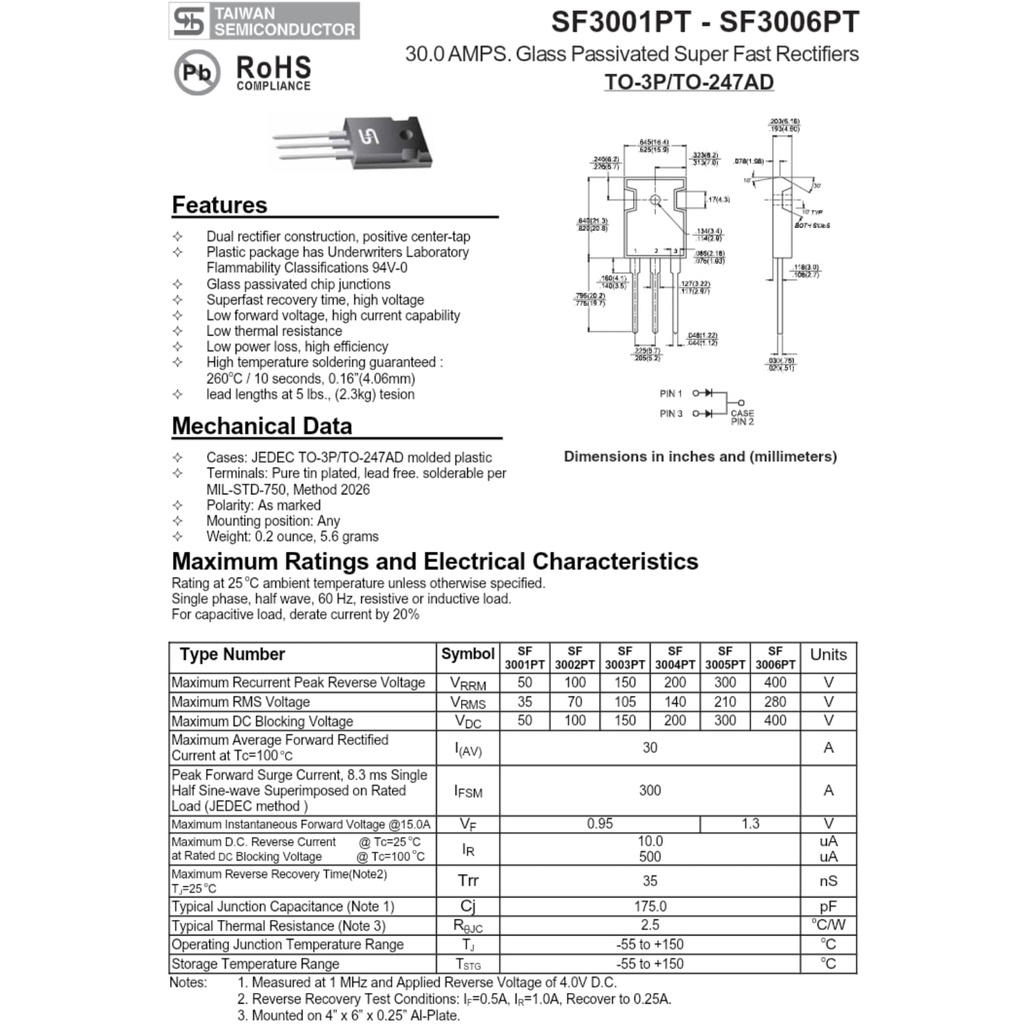 DIODA SUPER FAST 30A 200V SF3004PT pengganti MUR3020