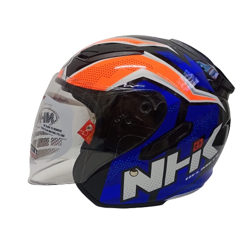 HELM NHK R1 SUBJECT BLACK OREN BLUE HALF FACE NHK R1 DOUBLE VISOR