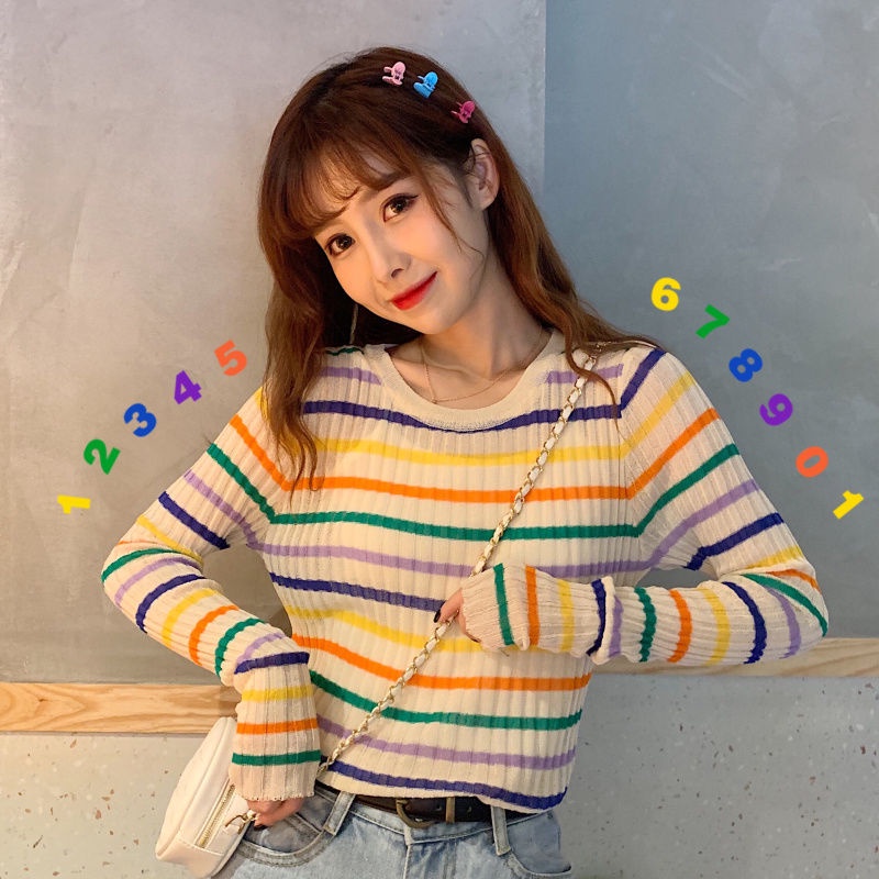 AJWShop ZU Atasan Rajut Wanita Lengan Panjang Rainbow Korean Style Cute Import Premium | Baju Rajut Lengan Panjang Pelangi Garis Garis Salur Rainbow | Kaos Rajut Import Lengan Panjang | Atasan Wanita Kekinian Korean Style Import Premium | Baju Rajut