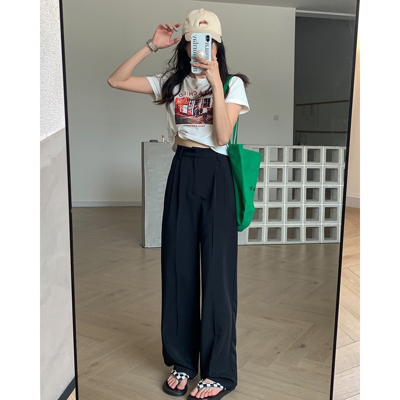 EUNII Celana Kulot Wanita Hitam Wanita Highwaist Loose Wide Leg Pants Korean Style