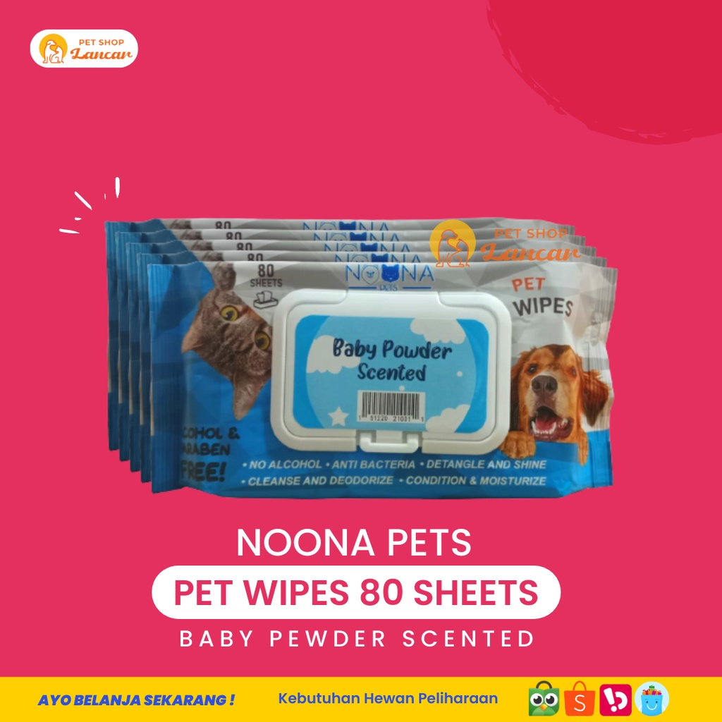 Tisu Basah Hewan Kucing Anjing NOONA Pet Wet Wipes Baby Powder Scented