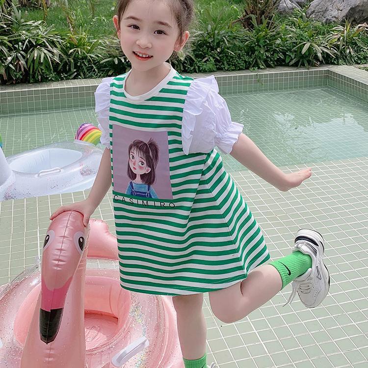 Anak Perempuan Gaun Musim Panas 2023 Anak Baru Gaya Asing Lengan Pendek Bergaris T-shirt Fashion Ana