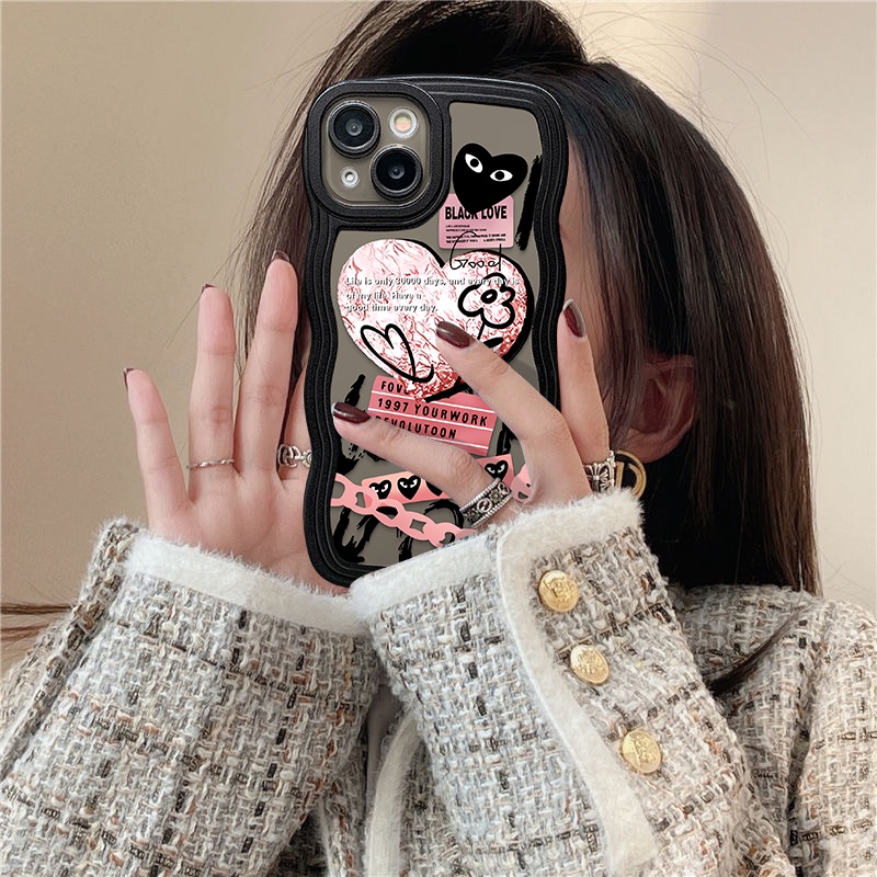 Fashion Love Heart Label Case Oppo A17 A57 A96 A54 A77 A5s A76 A16 A12 A95 A15 A17K A55 A16s A3s A5 A9 A74 A7 A16K A1k A77s A53 A52 Reno 85f 7Z 6 Wavy Edge Soft TPU Cover