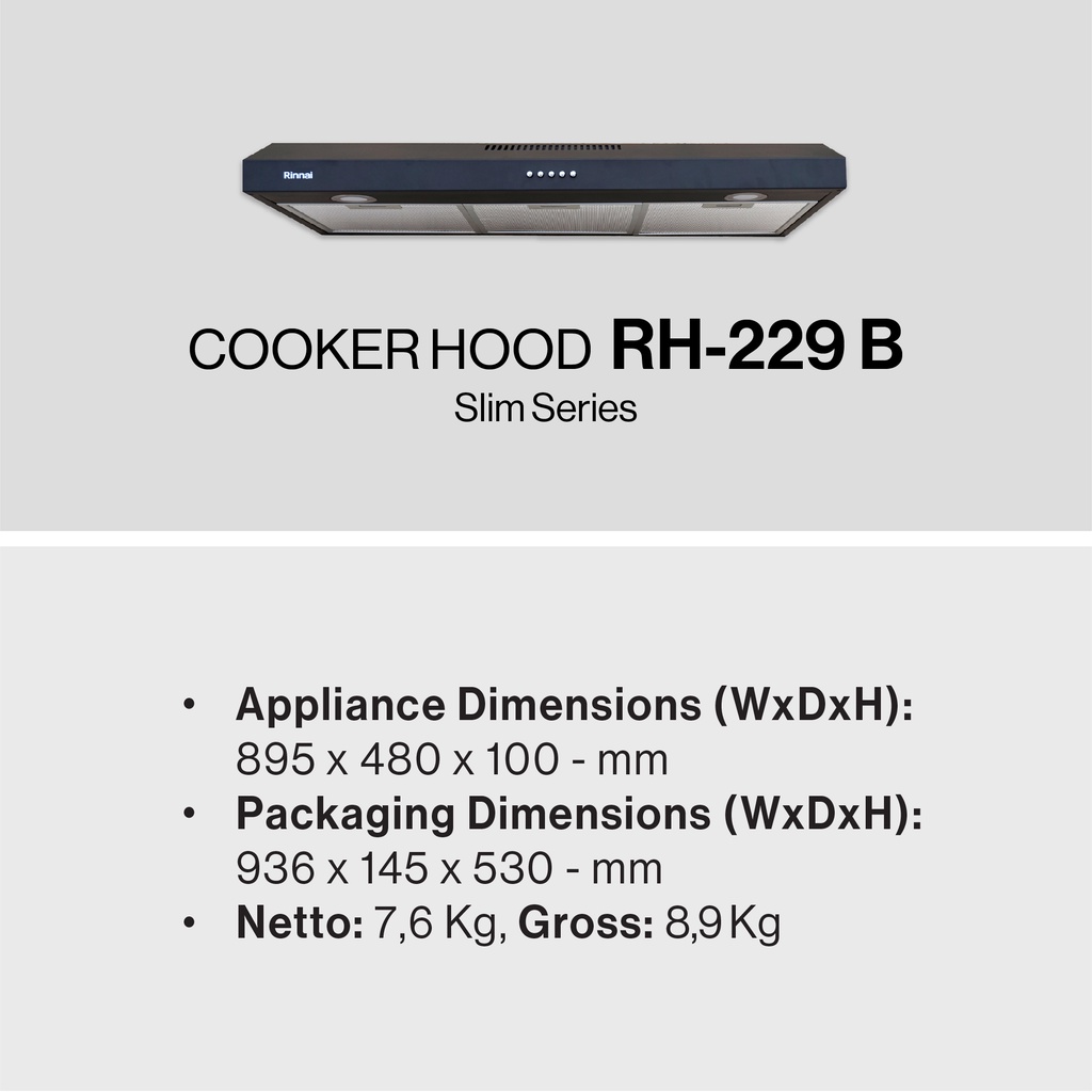 Rinnai RH-229B Cooker Hood RH 229 B penghisap asap RH229B Rinai 90 cm