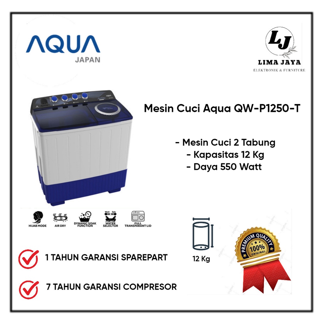 Mesin Cuci 2 Tabung AQUA QWP1250T Mesin Cuci Dua Tabung Aqua 12 Kg