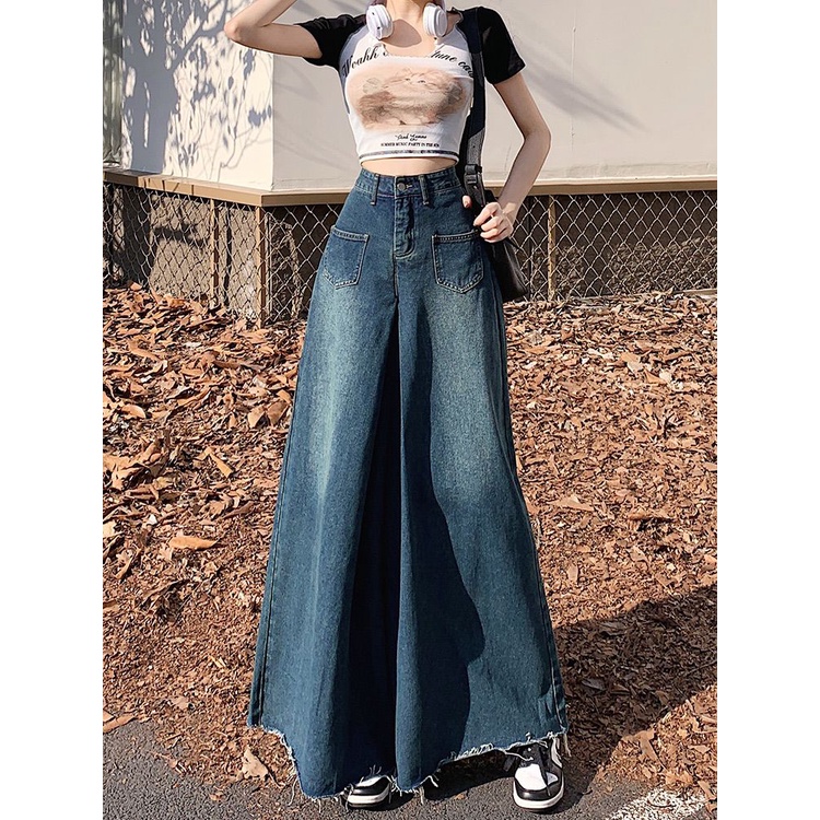 Red Retro rok denim super lebar kaki wanita musim semi dan musim gugur baru pinggang tinggi penutup kulit slimming all-match rasa desain celana berkobar besar