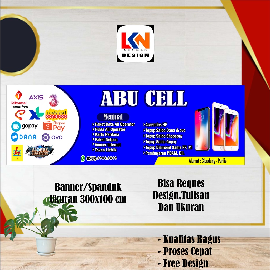 spanduk banner konter, jual pulsa uk, 300x100cm