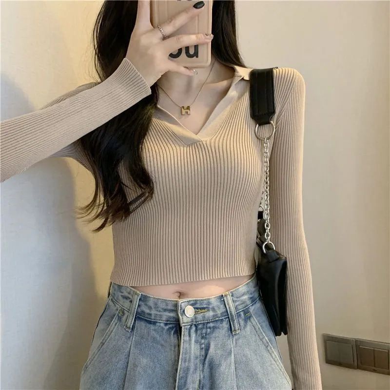 Poloshirt Knitwear D-99 Top Fashion Korean Crop Long Sleeve Polo Knit Top/Atasan Rajut Wanita Atasan Rajut Import Wanita/ Atasan Crop Baju Polo Korean Style Wanita