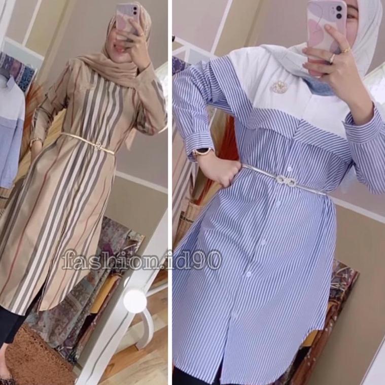 SPECIAL PRICE FASHION.ID90 TUNIK KEMEJA KOMBINASI KEMEJA SALUR BIRU DAN BB KUALITAS IMPORT / TUNIK K