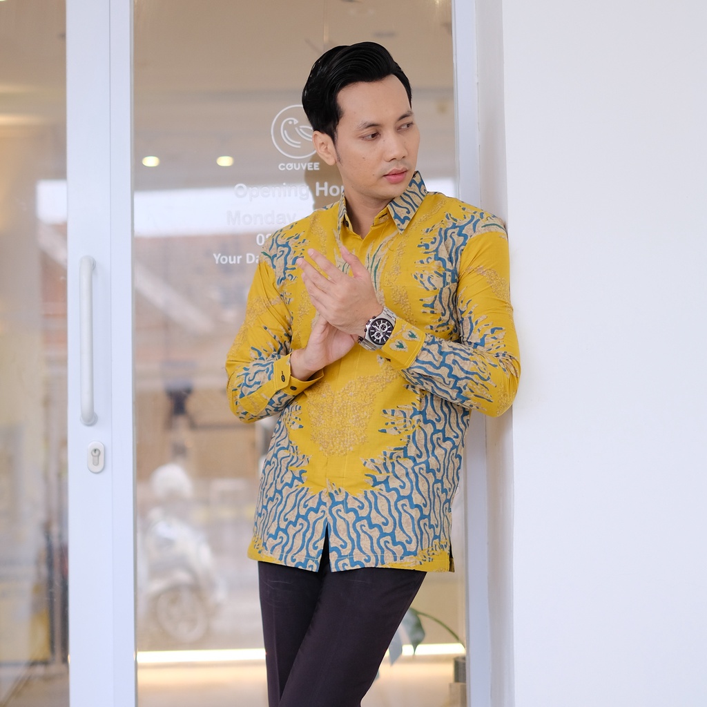 ATASAN PRIA BAJU BATIK LENGAN PANJANG LAPIS FURING KATUN WARNA ELEGAN..PARANG KUNING