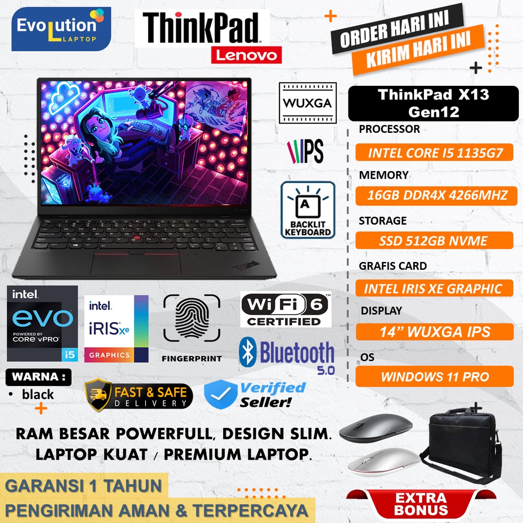 Laptop Lenovo Thinkpad X13 Gen 2 Core i5 1135G7 Ram 16GB 512GB SSD IrisXE Wuxga windows11 pro Black