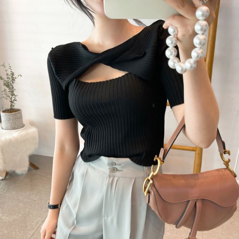 Knitwear Rajut Fashion Korean/Cut Out Short Sleeve Knit Top Atasan Crop Atasan Korean Style Wanita