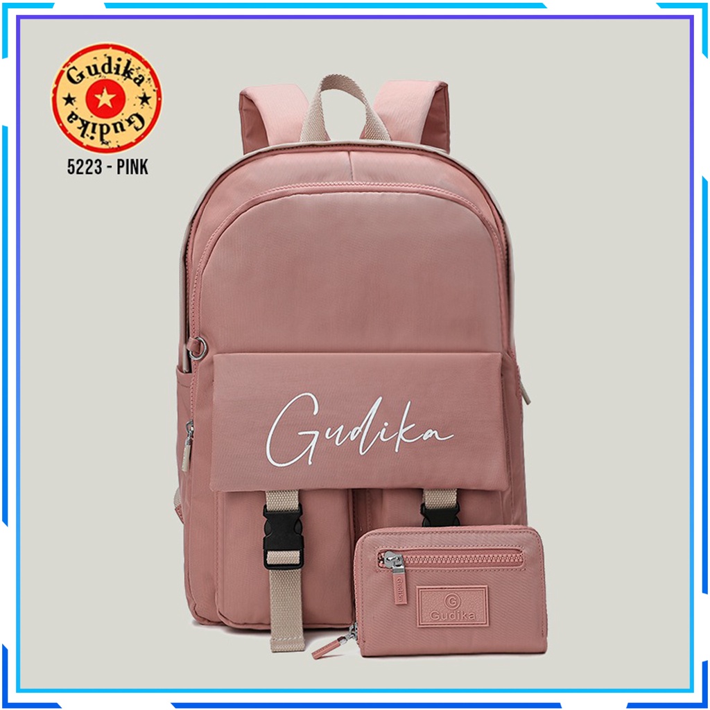 GUDIKA 5223 - Tas Ransel Laptop USB Set Dompet Wanita Kekinian Import Original Terbaru Bahan Nilon Waterproof Anti Air Backpack Premium Korea