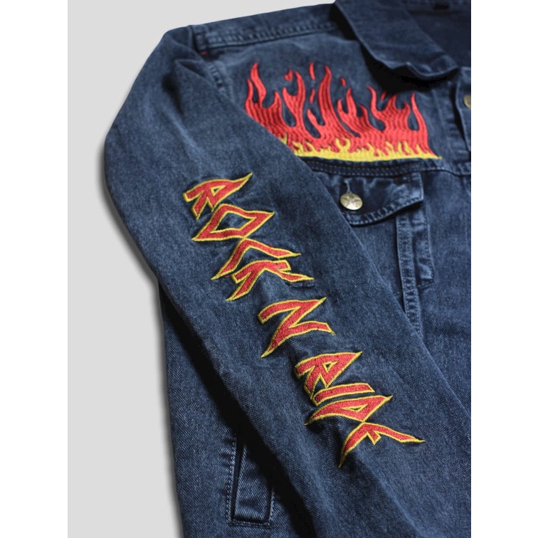 [SIAP KIRIM] JAKET JEANS PRIA BOMBER ROCAFELA FLAME FULL BORDIR ORIGINAL ROCAFELA MOTIF KEREN TERBARU