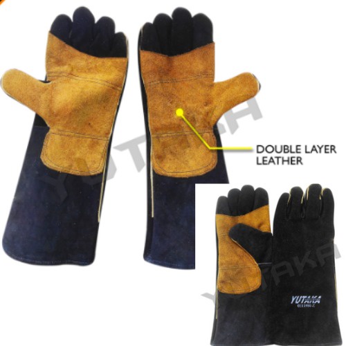 Sarung Tangan Las Safety Kit Size 16 Inch (40cm)  Bahan Kulit Asli Tekstur Lentur Bagian Dalam pakai