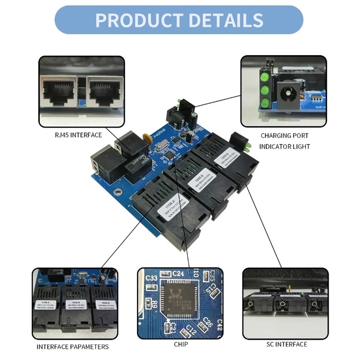 10/100M RPOE 3sc 2RJ45 PCBA Board 25KM Reverse POE 3F2E Fiber Optic Media Converter PCBA