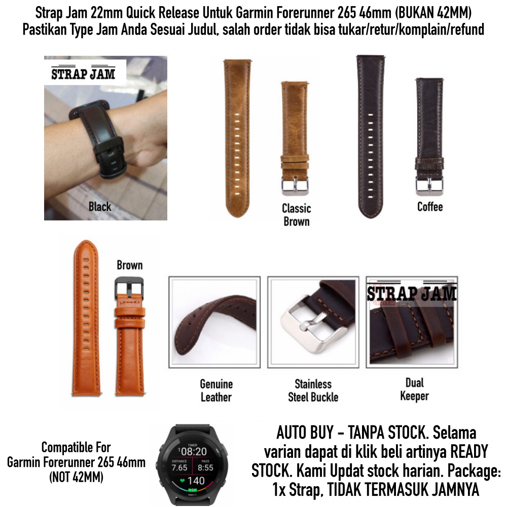 Strap Garmin Forerunner 265 46mm - Tali Jam Tangan 22mm Genuine Leather Kulit