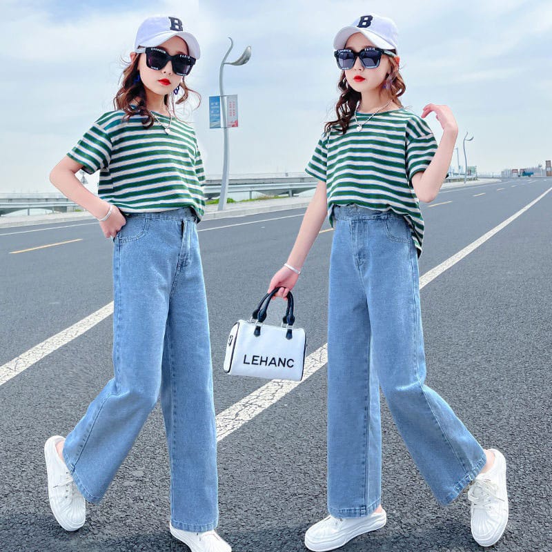 Setelan Anak Perempuan Teenager Casual Stripe Gray Green