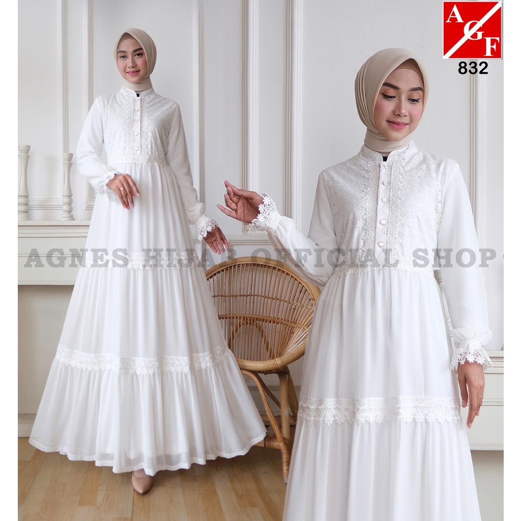 Agnes Hijab - Nadine Dress Baju Gamis Putih Wanita Brukat Baju Lebaran Umroh Haji Busana Muslim Wani