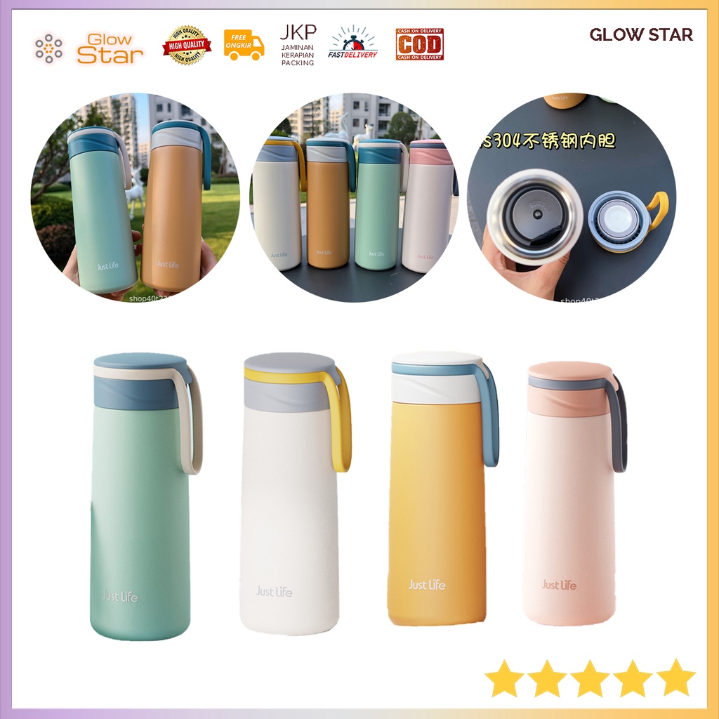 JL3 Thermos Termos Just Life Pegangan Pinggir Mini Gelas Botol Tumbler Kopi Teh Stainless Steel BPA 350ml Premium awet tahan lama Cute color Pink Green Black White