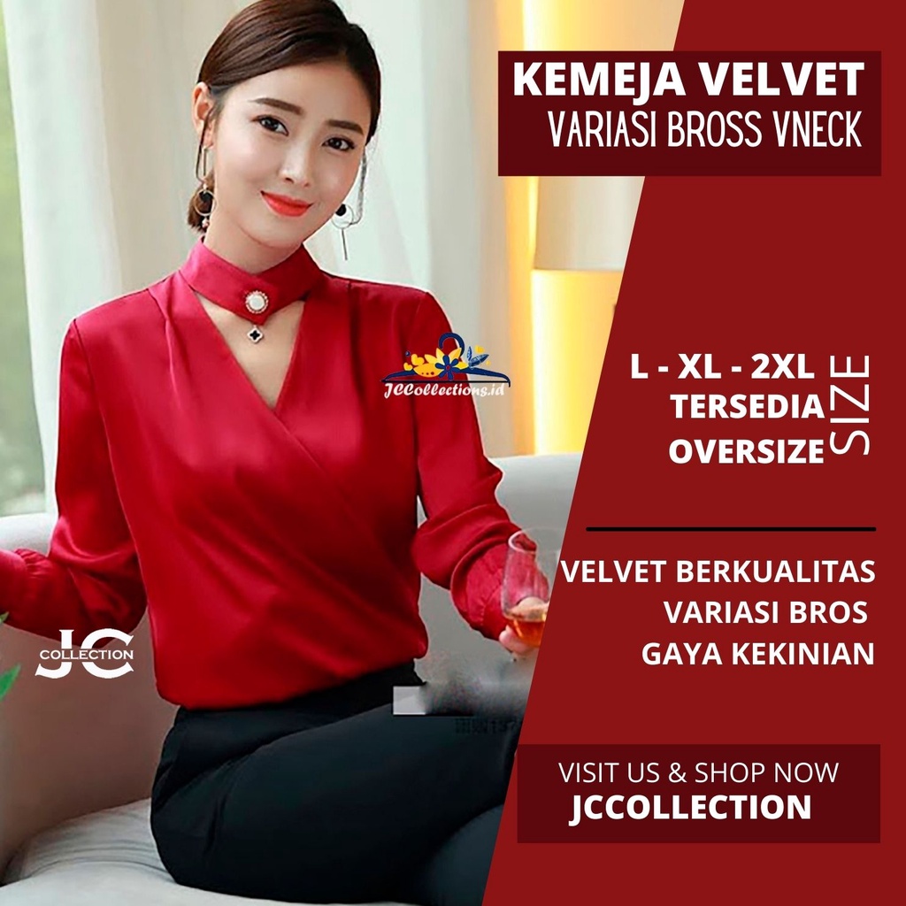 JCCollections Blouse Korea Style Satin Velvet leher tinggi Wanita Gaya Korea Lengan Panjang Minna