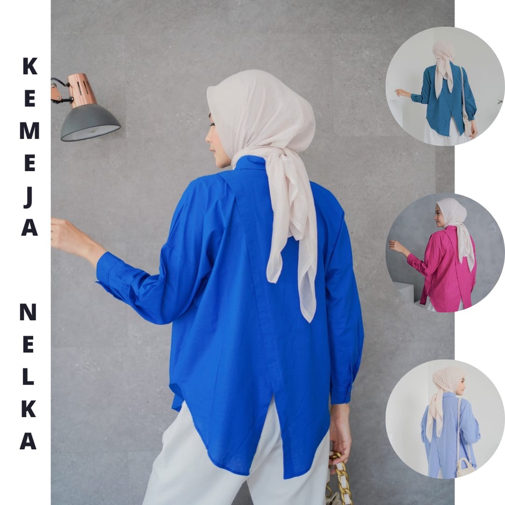 CUCI GUDANG - Kemeja Nelka Biru Elektik Linen Oversize Atasan Wanita Oversize Blouse Linen Rami