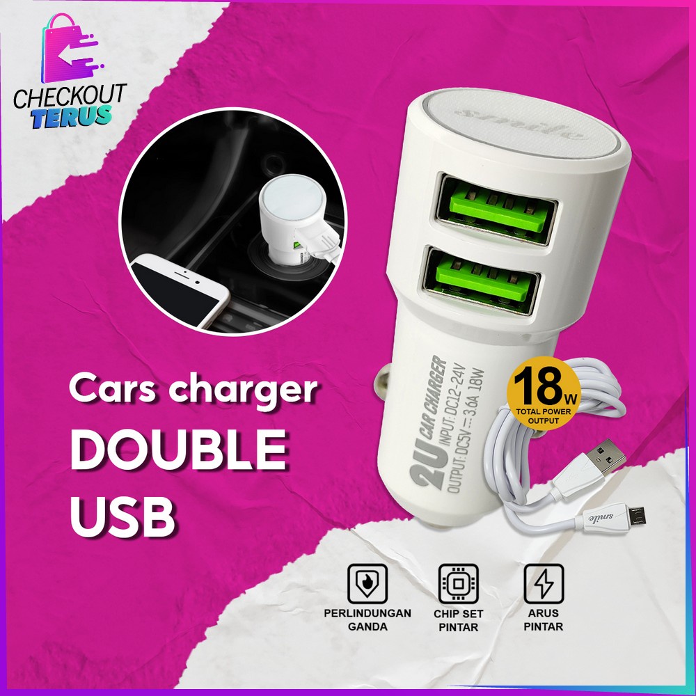 CT C820 Adaptor Car Charger Double USB Universal Crystal White  2 Output Colokan Mobil Portable Pengisi Daya Hanphone Travel