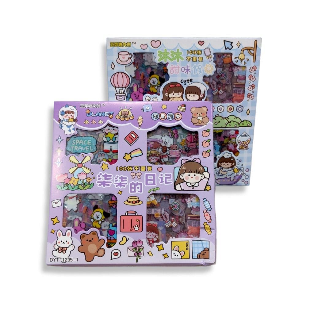 1 Box isi 100 Lembar Stiker 2D Motif Kartun Korea Lucu Anti Air Dekorasi Handbook Botol