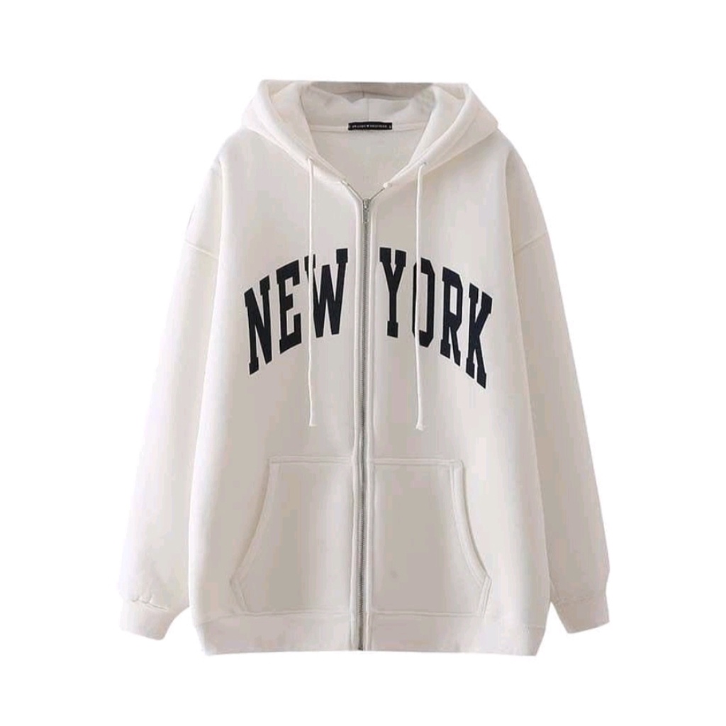 SWEATER HOODIE NEW YORK ZIPPER PRIA WANITA OUTFIT KOREAN FASHION TERKINI