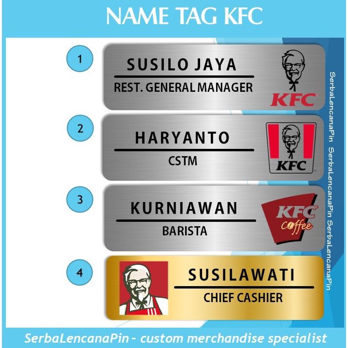 

Name Tag KFC - Papan Nama Dada Karyawan KFC Coffee - Barista Cashier Restoran Manager All Star MC Restaurant