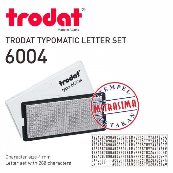 

Terlaris Trodat 6004 ( Typomatic Letter Set - Huruf, Angka Untuk Stempel Typo )