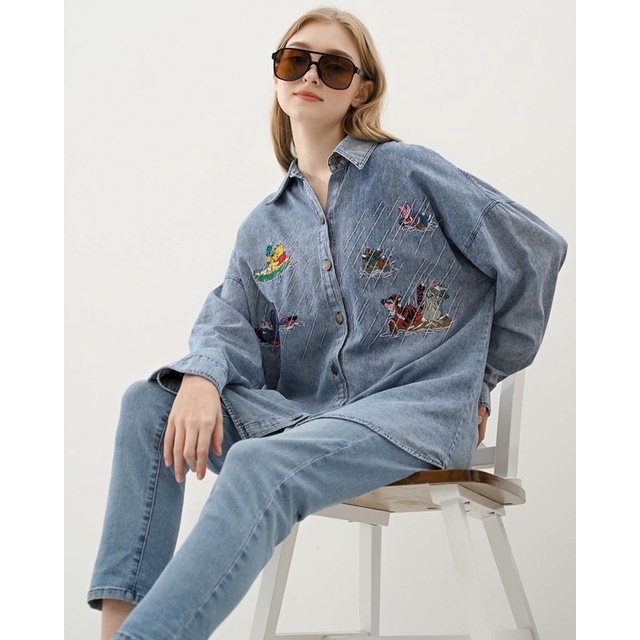 KEMEJA WANITA TANGAN PANJANG JEANS POOH SHIRT - FREE MASKER