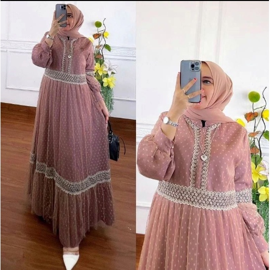 GAMIS WANITA KHALISA DRESS MC Bahan TILE DOT PREMIUM LAPIS PURING MIX RENDA LACE IMPORT LD 110 CM PB 140 CM GAMIS WANITA TERBARU 2023 KEKINIAN / DRESS TILE MIX RENDA / GAMIS WANITA KEKINIAN / DRESS PESTA SIMPLE / BAJU MUSLIM WANITA MODERN