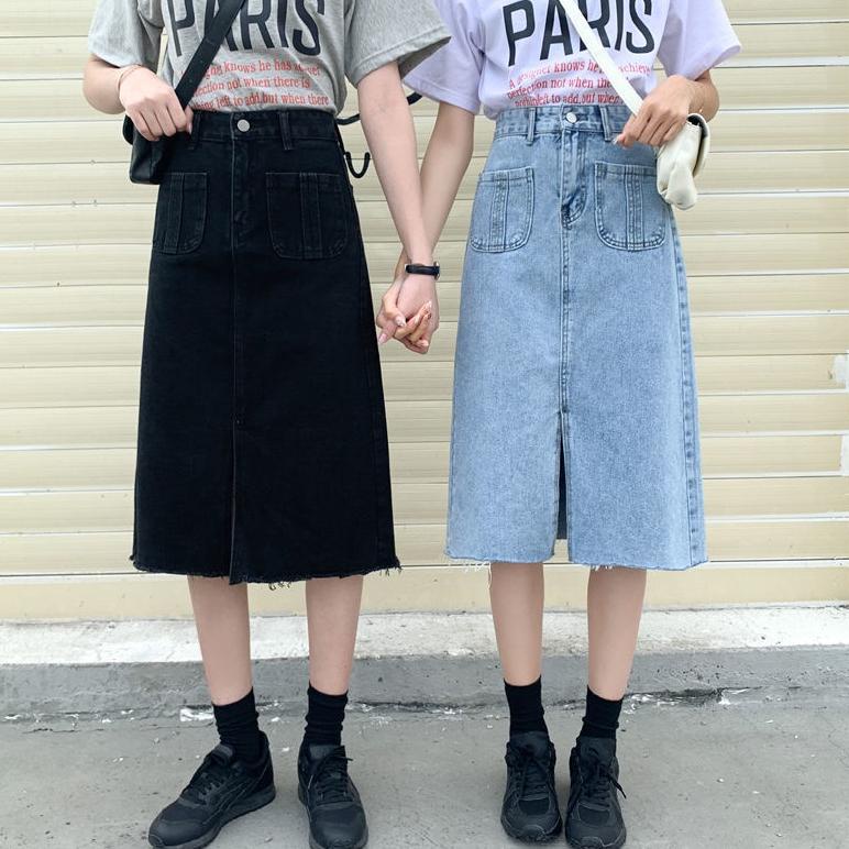 [COD] EK84 MOOGU ♡ Rok skirt midi denim split Korea pinggang tinggi wanita 9053