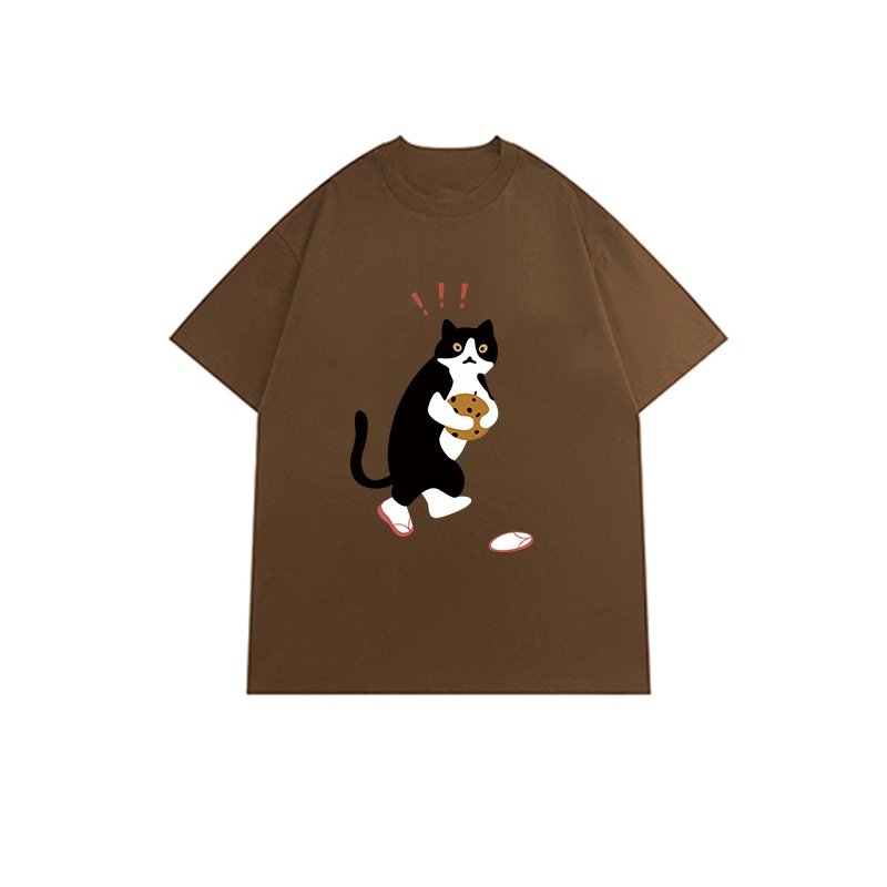 Korean Style Cute Cat Kaos Putih Atasan Wanita Lengan Pendek Oversize Printed T-shirt Baju Wanita Kekinian