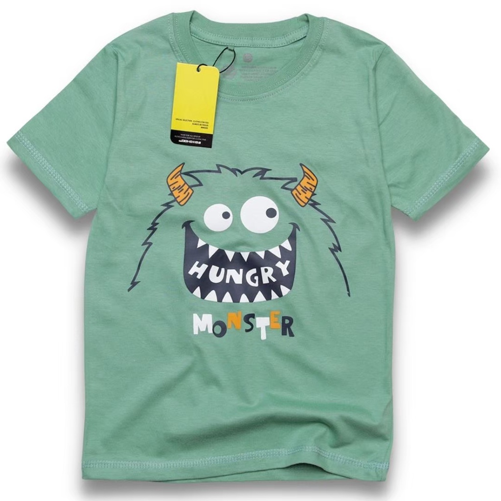 Kaos Anak distro laki laki S,M,L,XL cotton combed Motif HUGNRY MONSTER HIJAUMINT BANDUNG RGKIDS