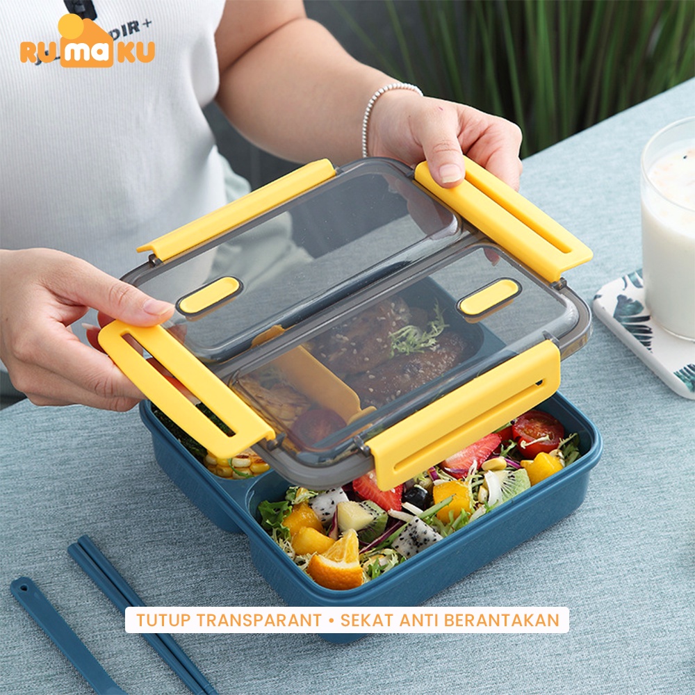 Rumaku Kotak Makan Tempat Makan Lunchbox 3 Grid 1100 ml Anti Bocor Gratis Sendok dan Sumpit BPA FREE