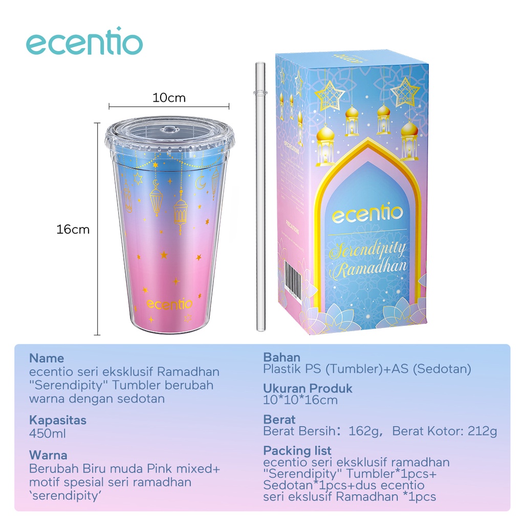 ecentio &amp; FOODI tumbler minum sedotan 450ml hampers Serendipity seri Ramadhan ONLY/botol minum kopi/perubahan warna