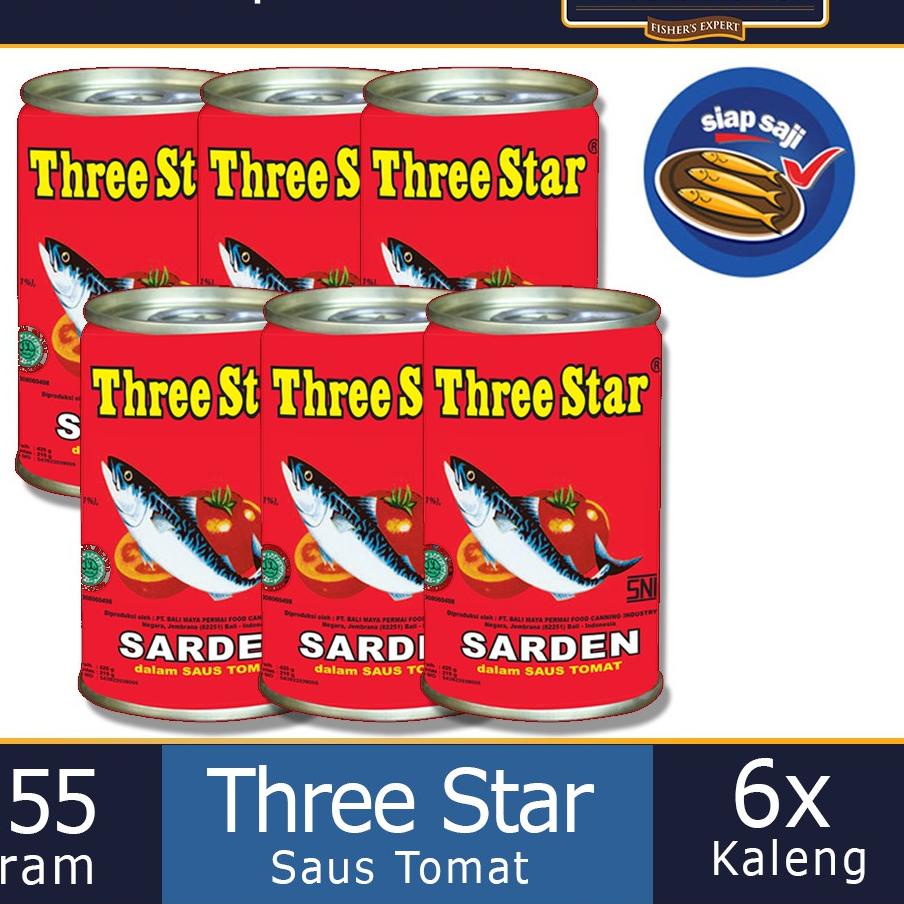 

☏ Paket 6 Pcs Three Star Sarden mini saus tomat Makanan Kaleng 155 g ☆