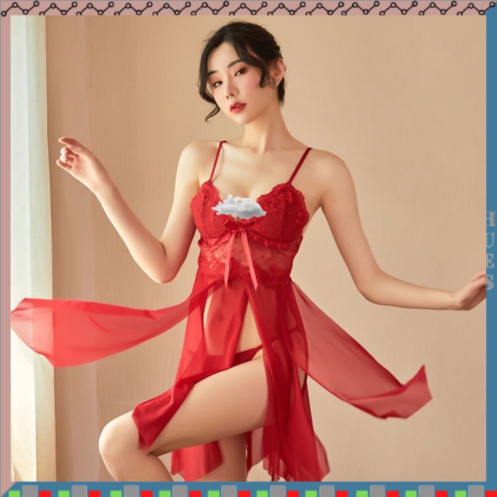 Set Lingerie Wanita Aksen Pita Bahan Tulle Deep-V Neck Tanpa Lengan Baju 3016