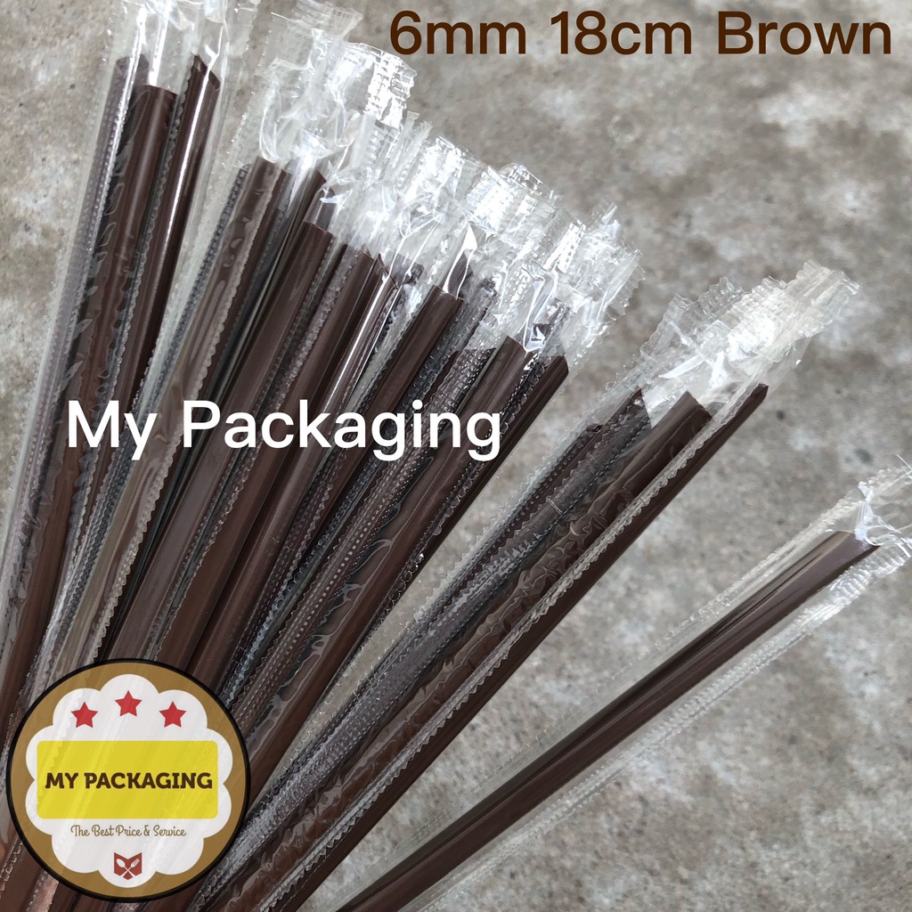 isi 250pcs Sedotan Plastik 6mm 18cm COKELAT / HIJAU Steril Bungkus Plastik Lurus Runcing 6mm  - Sterile Straw