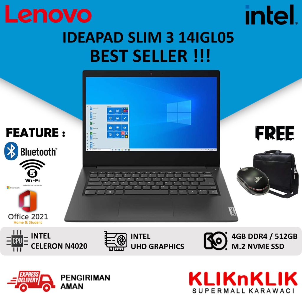 LENOVO IDEAPAD SLIM 3 14IGL INTEL N4020 4GB 256GB SSD 14 FHD WIN10 OFFICE HOME STUDENT