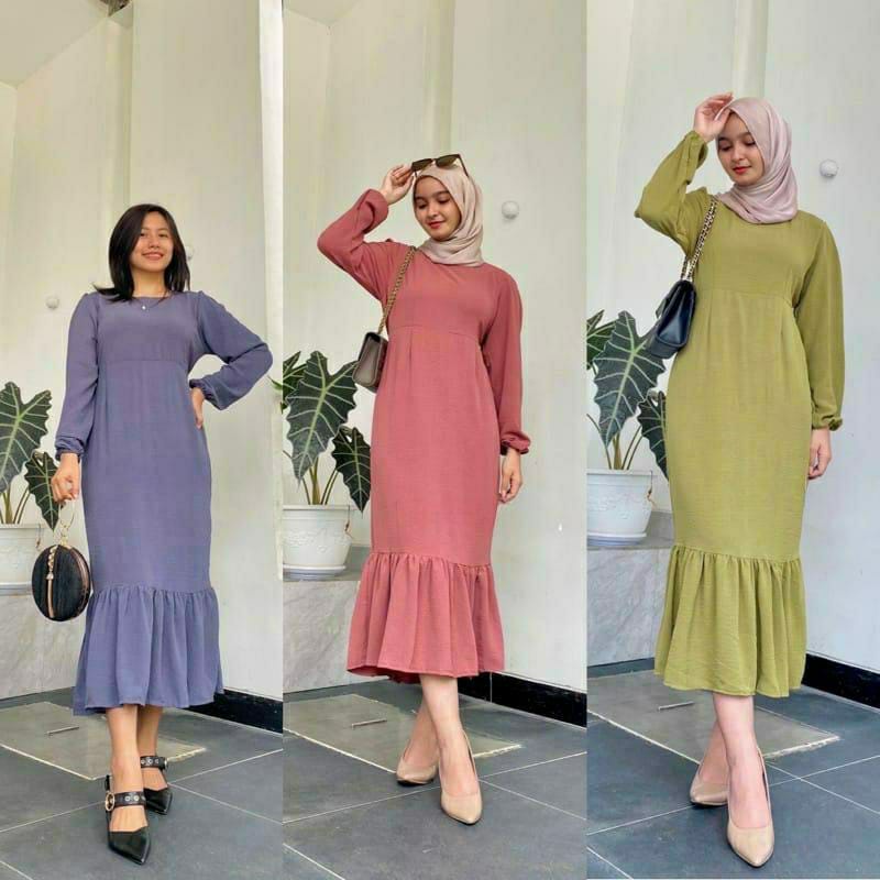 Siskania Midi Dress Kekinian Rempel Bawah Crinkle Ariflow Gamis Wanita Long Tunik Terbaru Korean Style