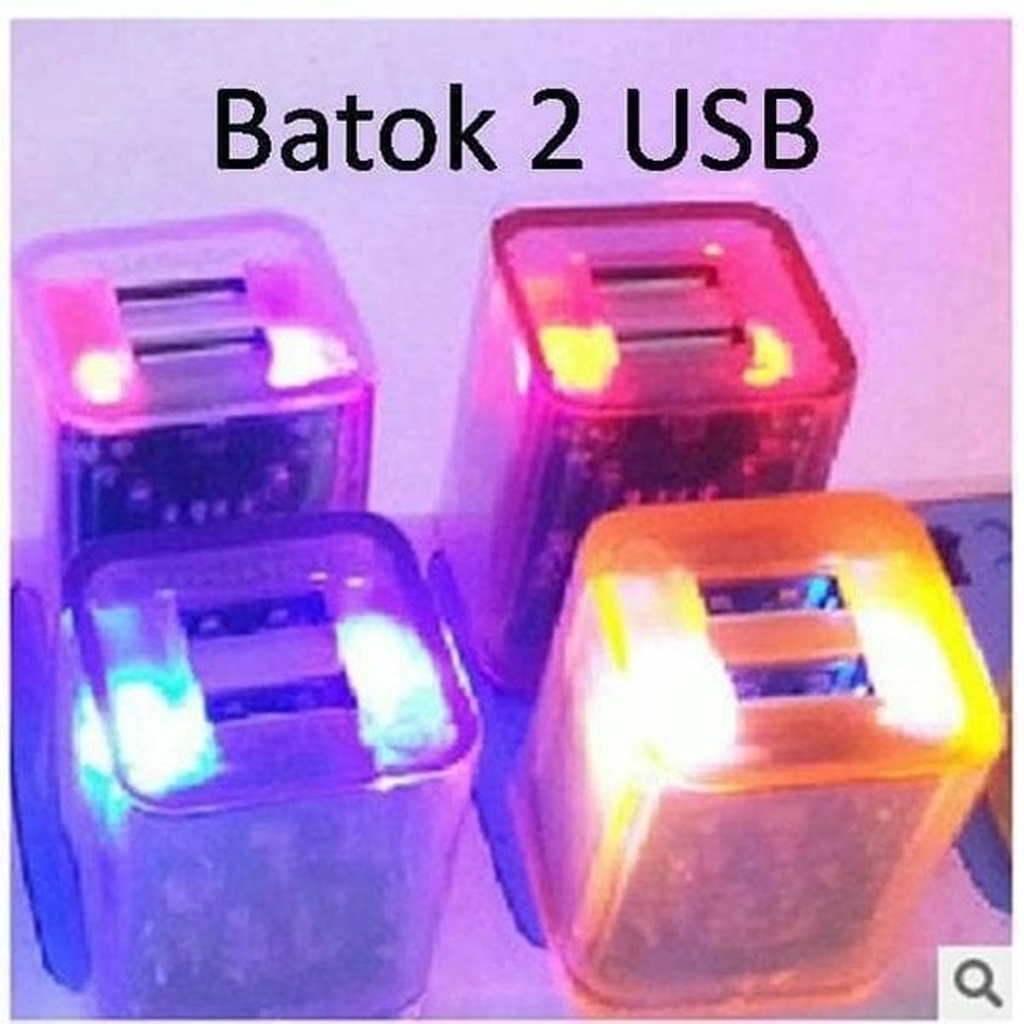 Adaptor 2 USB 1A 2.1A LED Transparan Warna Warni Charger Batok 2 Lubang Kepala Charger Head 2in1 2 Output Adapter