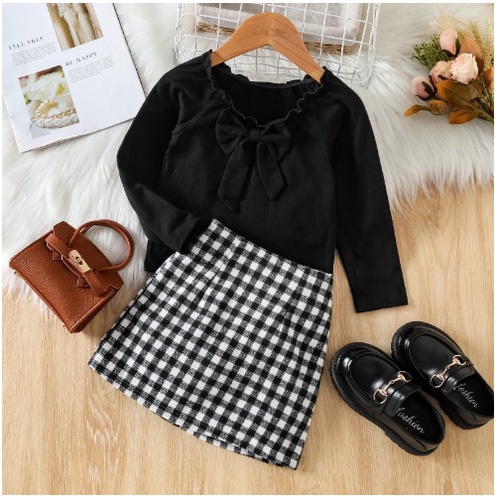 SETELAN ANAK CEWEK MODEL HOUNDSTOOTH ROK KOTAK KOTAK HITAM PUTIH BAJU HITAM SIZE 90-130