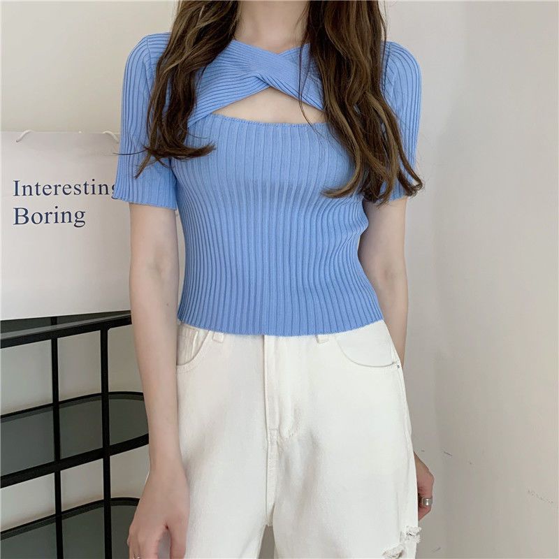 Knitwear Rajut Fashion Korean/Cut Out Short Sleeve Knit Top Atasan Crop Atasan Korean Style Wanita