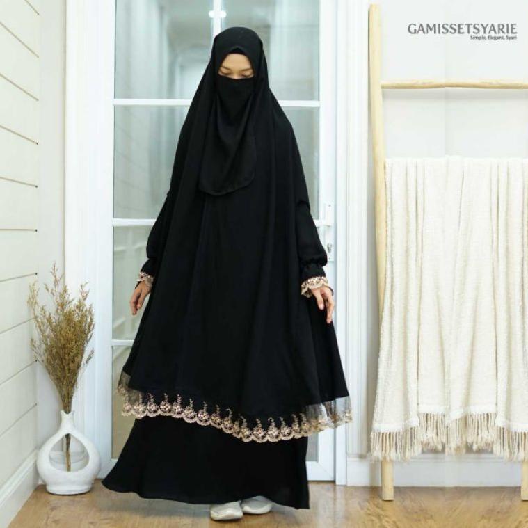 BEST PRODUCT Baju Syar'i Khadijah Set Khimar Bolong Tangan Renda Gold Free Cadar Tali