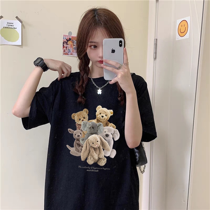 100% Katun Graphic Tee Kaos Couple Baju Wanita Atasan Wanita Oversize Kaos Cute Bear Putih T-shirt Couple Korean Style/baju kaos